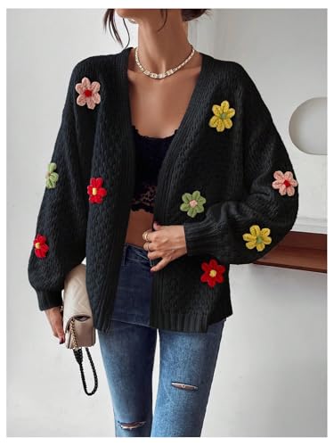 Image of Milumia Women's Floral Knit Open Front Long Sleeve Loose Sweater Cardigan Black X-Small