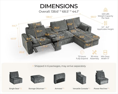 Image of 138.6'' Oversized Power Recliner Sofa with Headrest, Modular Cloud Sectional Couch with Convertible Table, Charging, Drawer, Cup Holder, 4-Seater with Storage Ottoman, Chenille, Grey