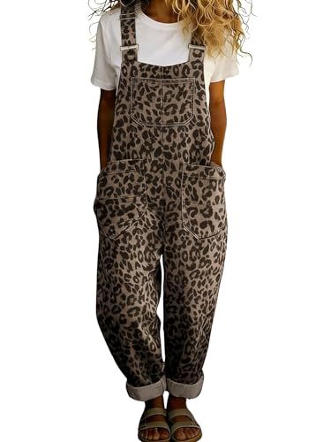 chouyatou Womens Y2K Leopard Print Denim Bib Overall Pants Wide Leg Cheetah Jeans Jumpsuits Loose Romper (X-Large Khaki)