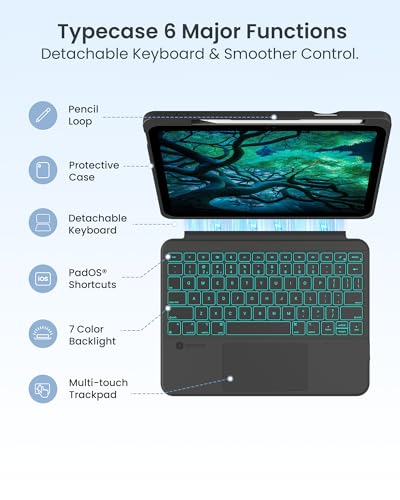Image of typecase for iPad A16 11th / 10th Gen Keyboard Case - Folio Duo Magnetic Detachable Keyboard with Multi-Touch Trackpad & 7-Color Backlit, Portrait Landscape Modes with Pencil Holder, Black