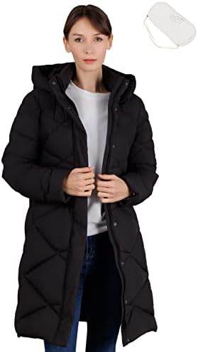 iDomosee Women's Hooded Down Jacket Zip-Up Quilted Long Puffer Down Coat Winter Packable Down Parka Black3 XL