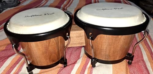 Image of Softline Pro SP-BNG Bongo Drum Set with Tuning Wrench Professional Wooden Percussion Instrument for Beginner Adults Kids (Natural Skin) (Tobacco)