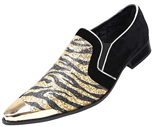 Amali Scott, Mens Loafers Slip On Shoes Metallic Toe Smoking Slippers Mens Casual Shoes Sparkle Animal Print Men's Dress Shoes - Black/Gold Size 10