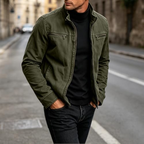 Workwear Jacket for Men Stand Collar Full Zip Zipper Top with Pocket - image 3