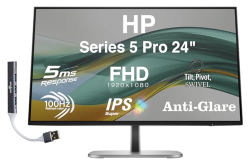 Image of HP Series 5 Pro 524pf 24 inch FHD IPS Monitor Adjustable Height, Swivel, Pivot | 100 Hz 350 Nits, 5ms, Anti-Glare, Flicker Free, VESA Mount (100mm), & Dockztorm USB Port Expander | Black /Silver