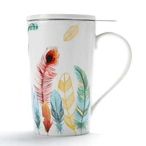 TEANAGOO Porcelain Tea Cup with Filter and Lid, 18 OZ, Feather, M58-8 Dom Dad Women Travel Teaware with Infuser, Steeper Maker, tea mug with infuser and lid and handle diffuser, brewing, brewer - Thumbnail 3