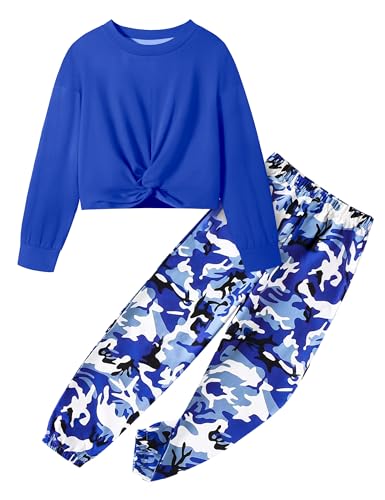 Image of NECIOUS Girls Fall Outfits 2 Piece Fashion Twist Front Pullover Sweatshirt and Camo Pants Clothing Sets 5-14Y