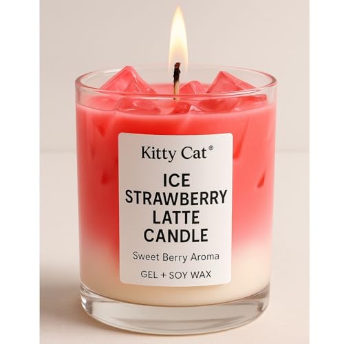 Kitty Cat® Ice Strawberry Latte Candle – Sweet Berry Aroma | Realistic Strawberry Milk Drink Design | Gel + Soy Wax Scented Candle | Long Burning | Aesthetic Home Décor & Gifting for Bedroom | 200g