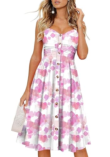 Image of Women's Summer Casual Dress Florals Buttons Down Ruched Sweetheart Neck Sleeveless Midi Sundress