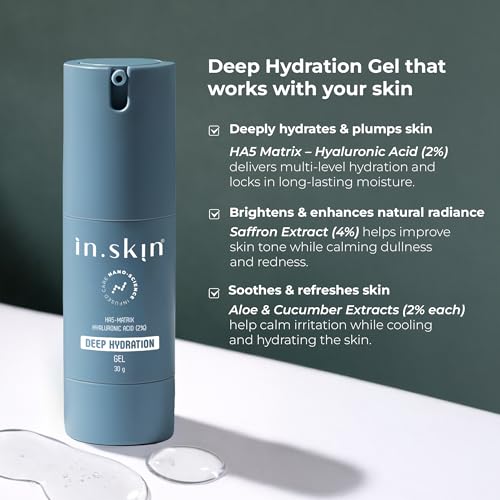 Image of in.skin Deep Hydration Gel with 2% Hyaluronic Acid HA5 Matrix, 4% Saffron Extract & Aloe + Cucumber | Lightweight Hydrating Face Gel for Dry & Dull Skin | Brightening & Soothing Moisturizer (30 g)