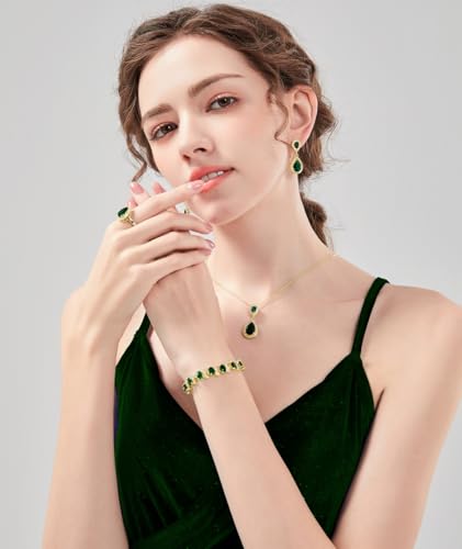 Lmxxvj Greem Jewelry Set For Women,Created Green Emerald Necklace Ring Stud Earrings Bracelet Teardrop Fashion Costume Jewelry Set Fashion Gifts,18K Gold-Tone thumb #1