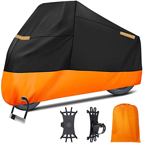 ZCOINS Motorbike Covers for Outside Storage, 210D Waterproof Anti Rain Dust UV Protective Motorcycle Cover with Night Reflector Lock-Holes Windproof Buckles 96.5 x 50 x 41 inch with Phone Holder