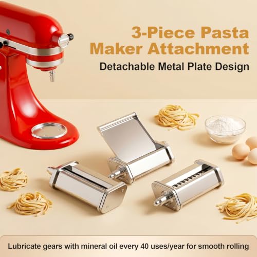 Image of Pasta Attachment for KitchenAid, 3Pcs Pasta Maker with Detachable Plate | Includes Adjustable Pasta Sheet Roller, Pasta Cutters for Spaghetti & Fettuccine by Focollk