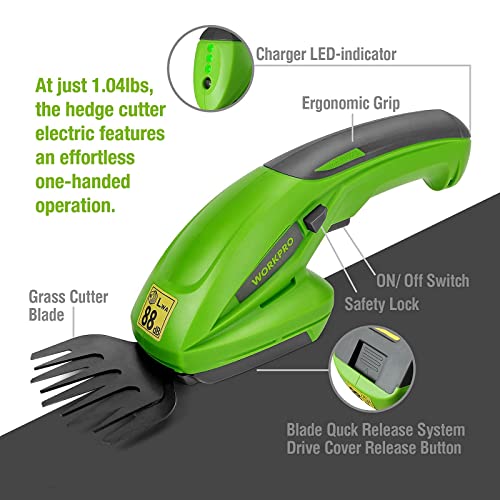 Workpro Cordless Grass Shear & Shrubbery Trimmer - 2 In 1 Handheld Hedge Trimmer 7.2V Electric Grass Trimmer Hedge Shears/Grass Cutter Rechargeable Lithium-Ion Battery And Charger Included #TOP4