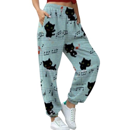 Generisch Pantalones de chándal para mujer con bonito estampado de gatos y notas – Pantalones casuales con puños elásticos | Pantalones de ocio cómodos para amantes de los gatos, Style_k01 Verde, M