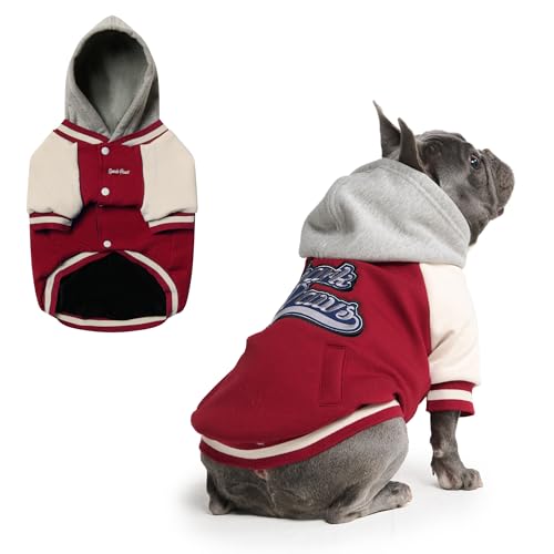 Image of Spark Paws Varsity Dog Hoodie - Premium Dog Sweater for Small, Medium, and Large Dogs | Warm Clothes for Pets, Winter Jacket Alternative - Red - L