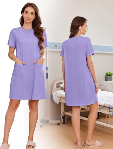 Image of Deyeek Women's Post Shoulder Surgery Hospital Gowns Tear Away Short Sleeve Full Open Side Snap Adaptive Clothing Nightgowns