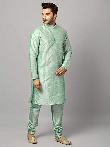 Image of Uri and MacKenzie Banarasi Dupion Silk Solid Kurta Churidar Pyjama Set for Men