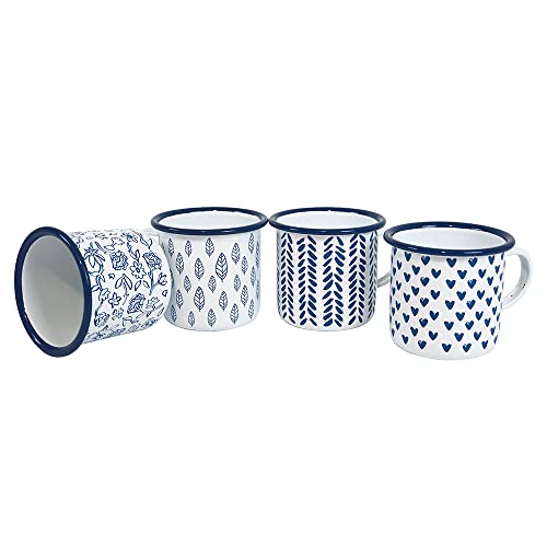 All Chic Juego de 4 tazas de té esmaltadas para camping, taza de café, taza esmaltada con un diseño floral azul, hoja y corazón Cover
