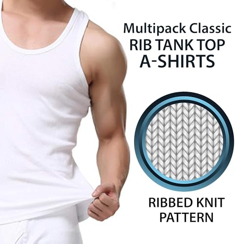 Men's 100% Cotton 6 Pack Classic Rib Tank Top A-Shirts (White, X-Large)4