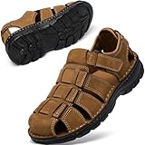 KOIMED Men's Fisherman Leather Sandals Summer Outdoor Sport Beach Hiking Casual Dress Sandles With Comfortable Memory Foam Adjustable Back Strap Closed Toe