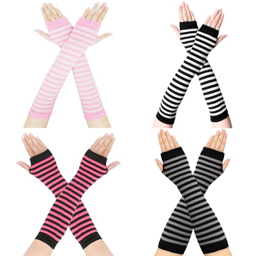 Makoto Nobu 4 Paare Damen Lange Fingerlose Handschuhe, Gestreift Fingerlose Handschuhe für Frauen, Gestreift Stricken Armwärmer, Y2k Streifen Armstulpen für Carnaval Herbst und Winter