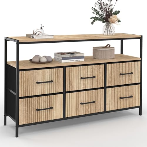 IDMarket - Commode 6 tiroirs en Tissu Utah 115 CM avec Niche Effet Lattes Meuble de Rangement Design Industriel