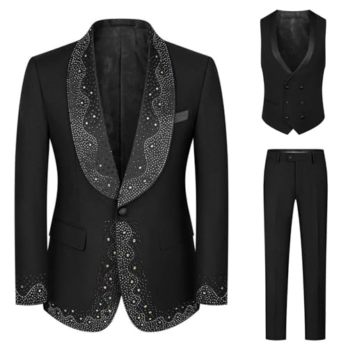 Mens Luxury Rhinestone 3 Pieces Suit Slim Fit Single Breasted Blazer Jacket Vest Pants Set for Prom,Party,Dinner2