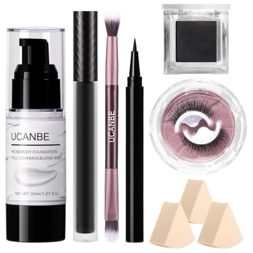 Image of UCANBE Halloween Makeup Kit - Black Eyeshadow, White Liquid Foundation, Black Liquid Lipstick & Eyeliner, Self Adhensive Eyelashes, Brush & Sponges Makeup Set for SFX Cosplay Skeleton Skull Demon