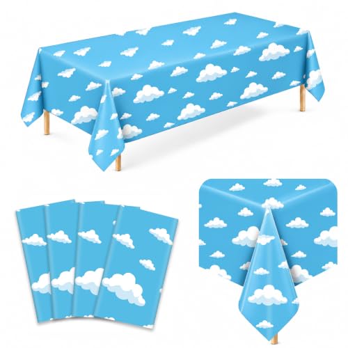 Image of 4 Pack Blue Sky Cloud Plastic Tablecloths, 54 x 108 in, Disposable Covers