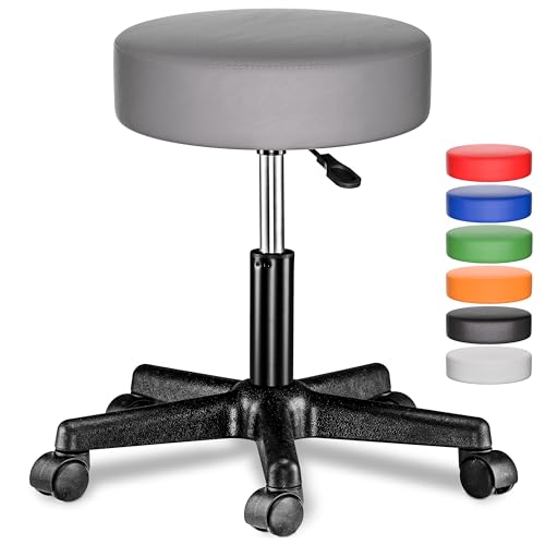 Casaria® Rollhocker Höhenverstellbar 10cm Polsterung 46-60 cm Sitzhöhe 360° Drehbar Ø 35cm Rund Rollen Bürohocker Drehhocker Arbeitshocker Hocker Grau