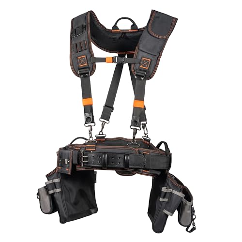 Klein Tools 55896 Tool Rig, Padded Tool Belt, Suspenders and Pouches with 23 Pockets, Adjustable 30 to 52-Inch Waist, for Carpenters, Electricians, Construction