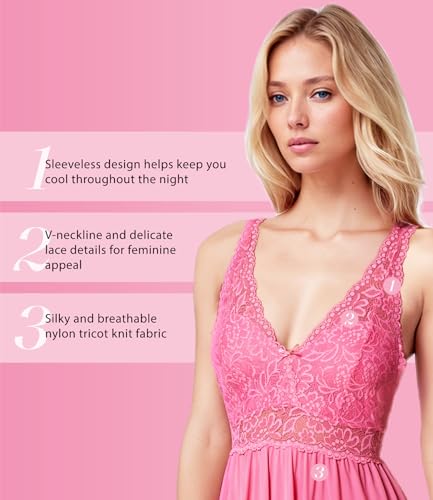 Image of Exquisite Form Women's 70807 Nylon Tricot Sleeveless Long Nightgown with Floral Lace