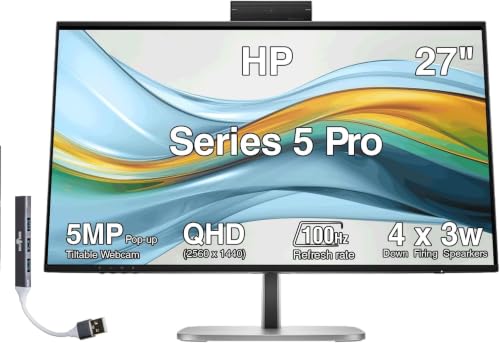 Image of HP Series 5 Pro 27 inch QHD USB-C Conferencing Monitor, 4x3W Speakers, 5MP Pop-up Webcam, VESA Mount (100mm), Displayport, HDMI & Dockztorm USB Port Expander, Black /Silver Color