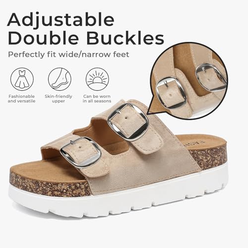 Image of Women Cork Footbed Platform Sandals Arch Support Memory Foam Wide Width Wedge Sandals Comfort Double Buckle Adjustable Mules Chunky Slides Non Slip Walking Sandals for Beach Vacation Summer Shoes