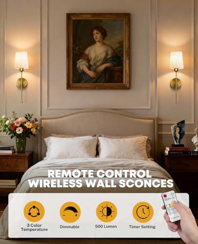 Image of Battery Operated Wall Sconces Set of 2, Rechargeable Wall Sconce 13000mAh Gold Wireless Wall Sconces with Remote Battery Powered Sconces Decor Set of 2 Wall Lights for Living Room Bedroom