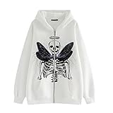 100% poliéster Sudadera con Capucha y Cremallera para Mujer Vestido gótico de Calavera con Diamantes de imitación Y2k Sudadera con Diamantes de imitación Chaqueta con cordón y Estampado gráfico (Blanco,3XL)