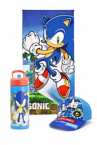 Marukatsu Sonic Pack Playa Niño Completo Toalla 140x70 Cm Gorra Ajustable Botella 410ml Set Verano Infantil Microfibra Secado Rápido Piscina