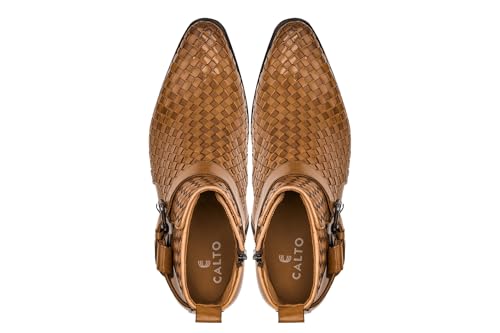 CALTO Men's Invisible Height Increasing Elevator Shoes - Light Brown Premium Leather Woven Ankle Buckle Zipper Boots - 3.3 Inches Taller - K30524 - Size 9 D(M) US4