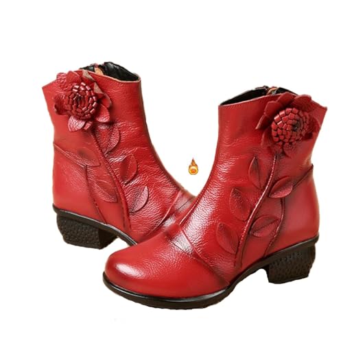 Cubicbee Women's Retro Handmade Flower Leather Ankle Boots Ethnic Floral Round Toe Block Low Heel Mid Calf Boots with Side Zipper (Red-plush,10,10)