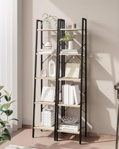 Image of Hzuaneri Ladder Shelf, Bookshelf Bookcase, Freestanding Corner Storage Shelve with 2 Hooks for Home Office, Living Room, Kitchen, Bedroom, Industrial, 11.8 inch D x 13.4 inch W x 63 inch H, Greige BC03205B