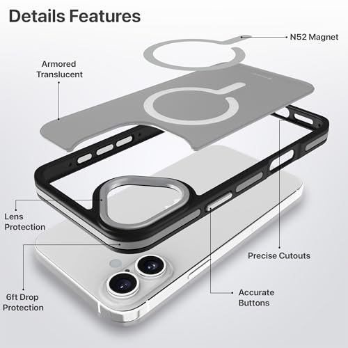 Image of eller sante Elementrix Back Cover Case for iPhone 16 Plus Scratch Resistant Camera Screen Protector TPU Shockproof 10ft Drop Protection Support Mag-Safe Wireless Charging- Grey