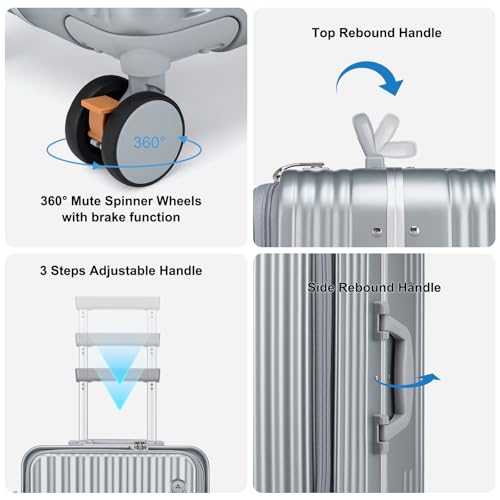 Somago Carry on Luggage Front Open 22x14x9 Airline Approved Lightweight Suitcase with Cup Holder and USB Port Aluminum Frame Polycarbonate Spinner Hard Suitcase with TSA Lock (Silver)4