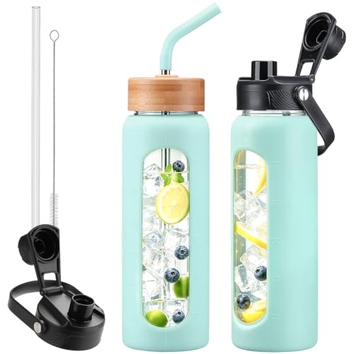 Image of 24oz Glass Water Bottle with Straw and 2 Lids, Mint Green | Bamboo and Spout Lid, Non-slip Silicone Sleeve, with Motivational Time Marker, for Gym, Sports, BPA Free & Cupholder Friendly