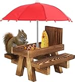 NKFOOPDU Squirrel Feeder Table With Umbrella - Wooden Picnic Bench With Corn Rack, Garden Ornament for Chipmunk Wildlife Bird Feeding - Mount Screws Included