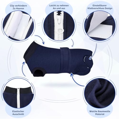 Eyein Hundebody Nach Op, Wundschutzanzüge für hündin Rüde mit Reißverschluss und Klettverschluss Gürtel - Anti-Lecken und Wundschutz, Atmungsaktiv Einteiler für Hunde Nach Op (Dunkelblau, XXL)