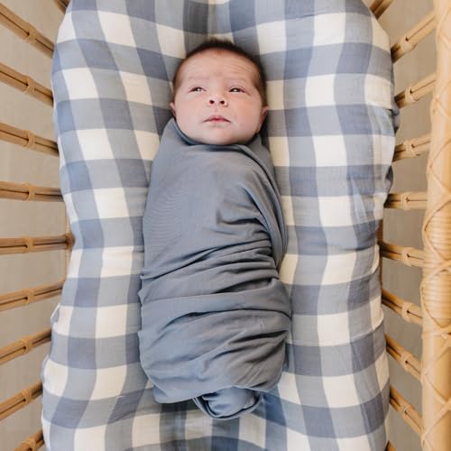 Image of Mebie Baby Dusty Blue Stretch Swaddle Blanket, Modern and Neutral Baby Blanket for Newborns (0-3 Months), Comfy Wrap, Baby Essentials & Gifts (47 inch x 47 inch)
