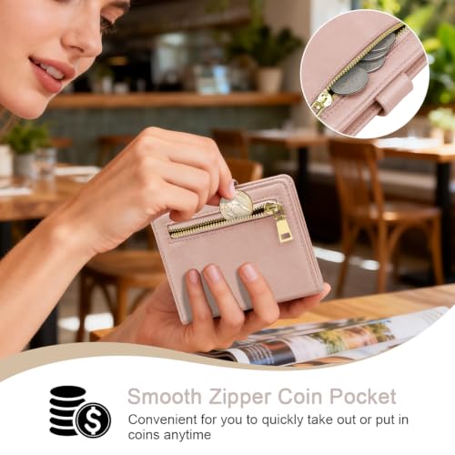 Image of Small Wallets for Women Slim Minimalist Bifold Credit Card Holder | Compact Zipper Coin Purse for Ladies RFID Blocking Mini Travel PU Leather Card Case Gifts for Mom, Pink