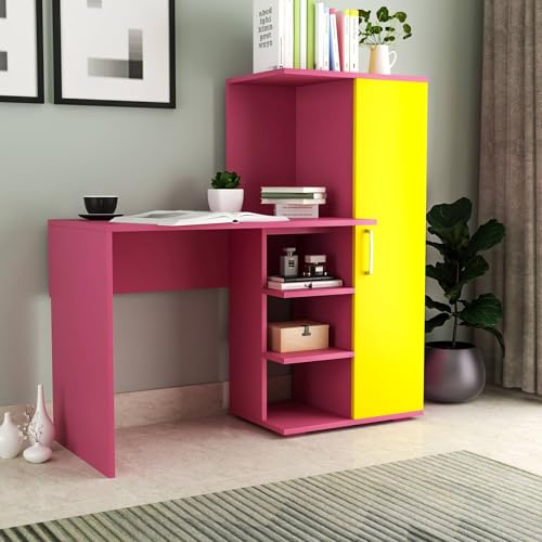 Image of Engineered Wood Office & Study Table for Study Room /Office /Work from Home || Engineered Wood Study Table || Freestanding || (Pink & Yellow) |
