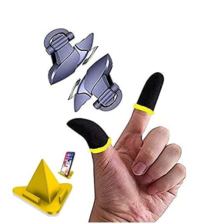 QOXOLYZ D-ST67 Pubg Mobile Trigger Gaming Gamepad Sensitive Triggers L1 R1 Shooting Aim Button Joystick Gamepad Controller for All Smartphone {1 Pair Trigger + 1 Pair Sleeves + 1 Pc Mobile Stand}